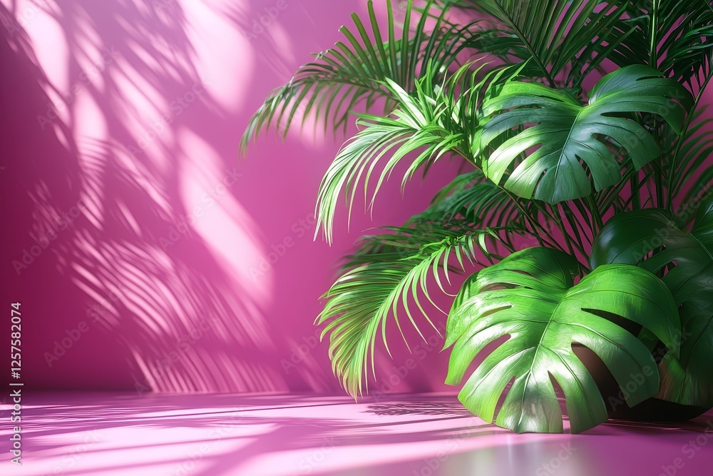 Poster abstract pink studio background for product presentation. empty room with shadows of a window, flowe