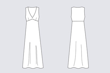 Female dress vector template isolated on a grey background. Front and back view. Outline fashion technical sketch of clothes model