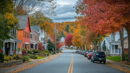 A charming suburban street lined with houses vibrant autumn trees in red, orange, and yellow. The peaceful neighborhood showcases beauty of fall with colorful foliage quiet atmosphere. Generative AI