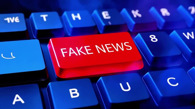 Keyboard with a prominent red key labeled 'FAKE NEWS' illuminated, highlighting digital misinformation issues