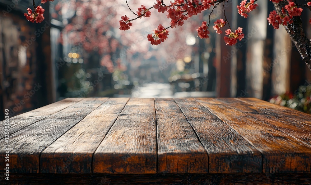 Poster the empty wood tabletop is complemented by a blurred backdrop of a sakura tree in the garden, making