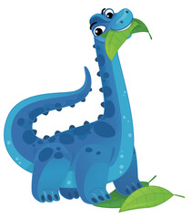 cartoon scene with happy prehistoric animal brontosaurus diplodocus dino dinosaur eating leafs smiling and walking isolated on white background illustration for children