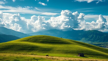 Fototapeta premium Verdant hillside under a dramatic sky with distant mountains and a small cabin.