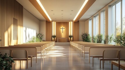A modern church interior with wooden walls, rows of benches, and natural light streaming through large windows. The clean and minimal design emphasizes tranquility and spirituality. Generative AI