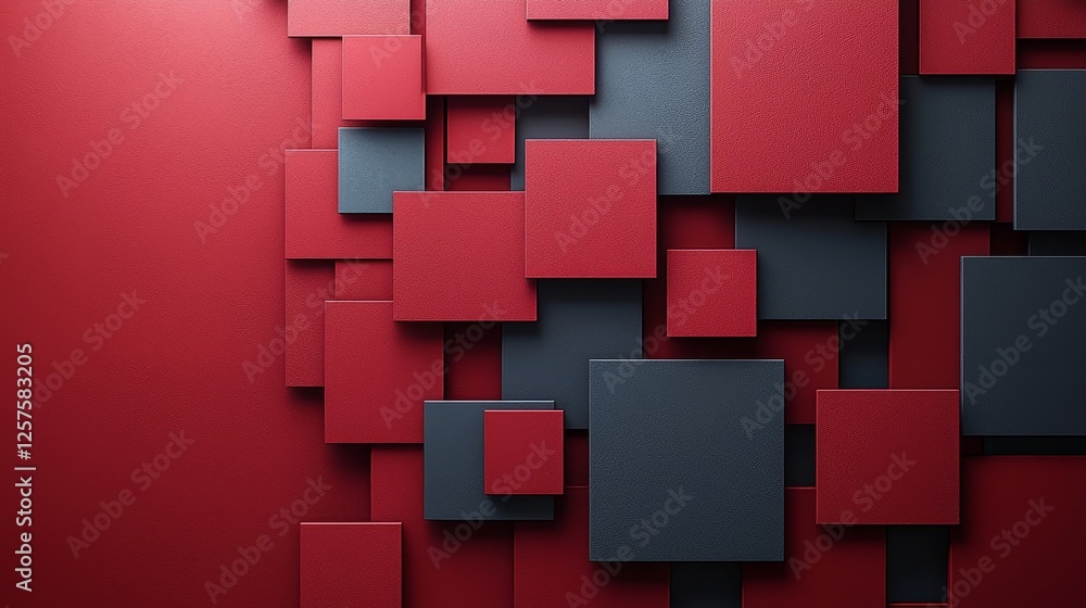 Poster a red abstract background with geometric shapes like polygons and cubes, and a gradient