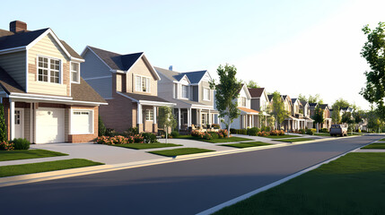 Beautiful suburban neighborhood with well-maintained homes in daylight. Generative AI