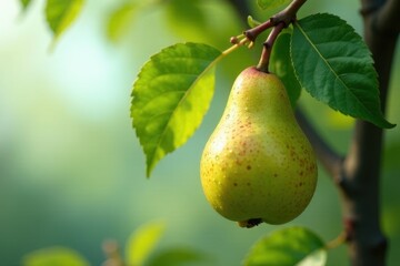 A single ripe pear hangs from a branch, glistening with morning dew, surrounded by vibrant green foliage in a tranquil orchard setting.
