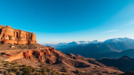 Obraz premium Majestic red rock formation overlooks a valley with distant snow capped mountain peaks.