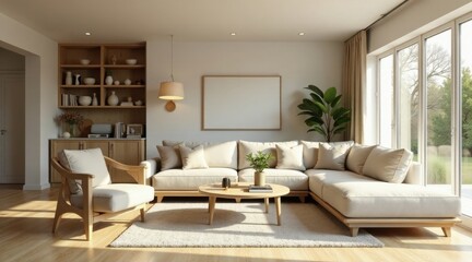 Fototapeta premium Serene Minimalist Living Room with Natural Light and Neutral Tones Featuring a Comfortable Sectional Sofa and Stylish Wooden Accents