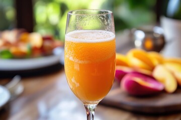 Refreshing bellini cocktail with peach puree served in a chic bar delicious drinks lively ambiance close-up view for perfect summer vibes