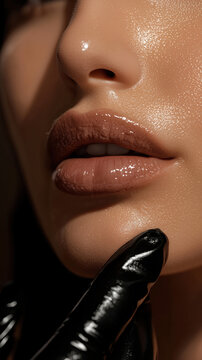Professional Lip Gloss Application with Black Glove