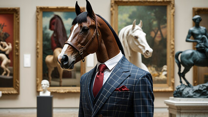 Obraz premium A Confident Horse in a Tailored Suit Standing Proudly in a Stylish Urban Setting with a Dapper Appearance