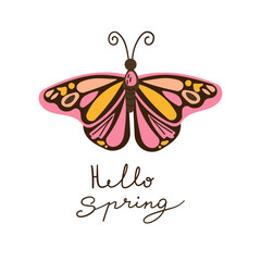 Hello Spring hand drawn flat vector hand drawn illustration. Lettering spring season with butterfly for greeting card , poster or web design and social media .