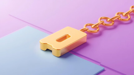 Fototapeta premium Creative gold chain link with paper on purple background graphic design minimalist stylish modern art