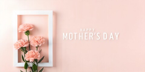 Elegant Top View of Pink Carnations with Frame on Pastel Background for Mother's Day Celebration