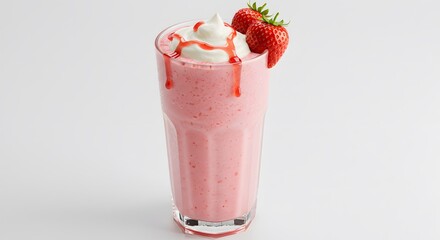 Strawberry Smoothie with Whipped Cream and Fresh Strawberries on white background