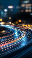 Vertical footage captures an abstract, colorful glow light trail, featuring blue and red particles in the background