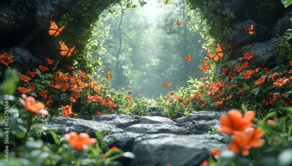 Poster enchanting landscape with a fantasy garden setting. a magic meadow featuring spring-flowering trees,