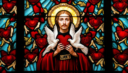 Naklejka premium Jesus Christ Holding Red Heart in Stained Glass