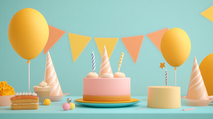 Birthday celebration cake with colorful balloons and festive decorations bright environment tabletop viewpoint joyful concept