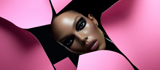 Beauty salon advertising banner featuring copy space. A beautiful girl peeks through a hole in a pink paper background. It showcases the make-up artist, fashion, and beauty concepts. Currently