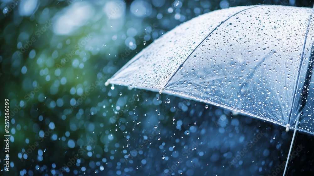 Poster Gentle raindrops cascade from a translucent umbrella, creating a symphony of splashes against a backdrop of lush greenery. The atmosphere is calm and refreshing, evoking tranquility
