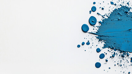 Textura de pintura azul con salpicaduras y brochazo sobre fondo blanco minimalista.
