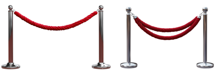 Set of Quail eggs in a wooden bowl, isolated on white background - Set of a Red rope with silver stanchions, isolated on white background.