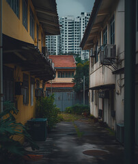 Urban alleyway with old buildings and modern skyline in the background. Generative AI © VanSash 