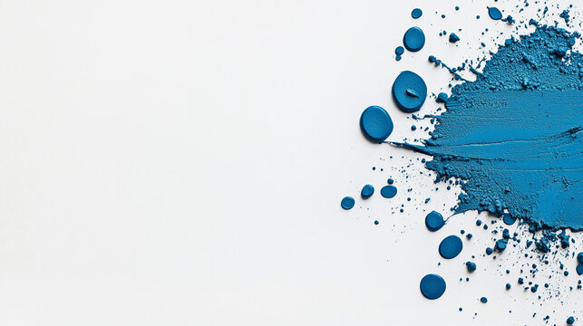 Textura de pintura azul con salpicaduras y brochazo sobre fondo blanco minimalista.
