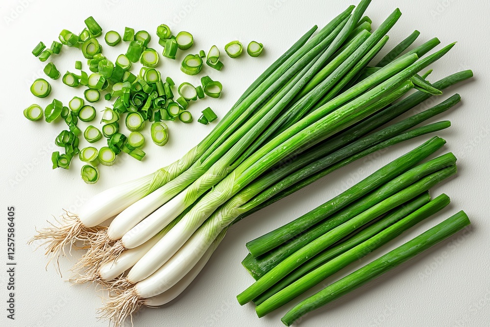 Poster young green onion isolated on white background with clipping path. full depth of field. focus stacki