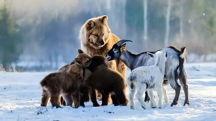 Wolves and goats showing affection and friendship in a snowy environment
