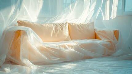 Cozy yellow couch covered in translucent plastic in a bright room filled with natural light