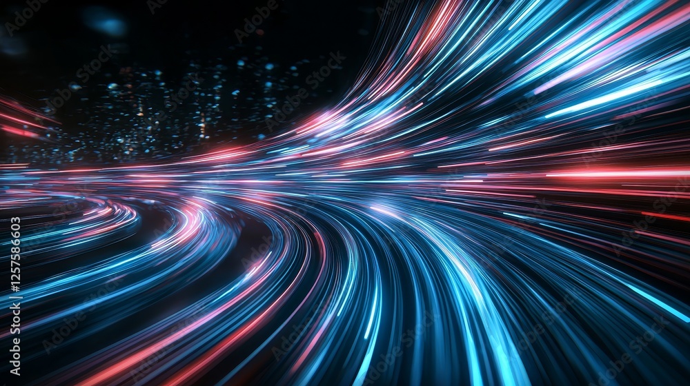 Poster an abstract tunnel featuring a multicolor spectrum background, with bright neon rays and colorful gl