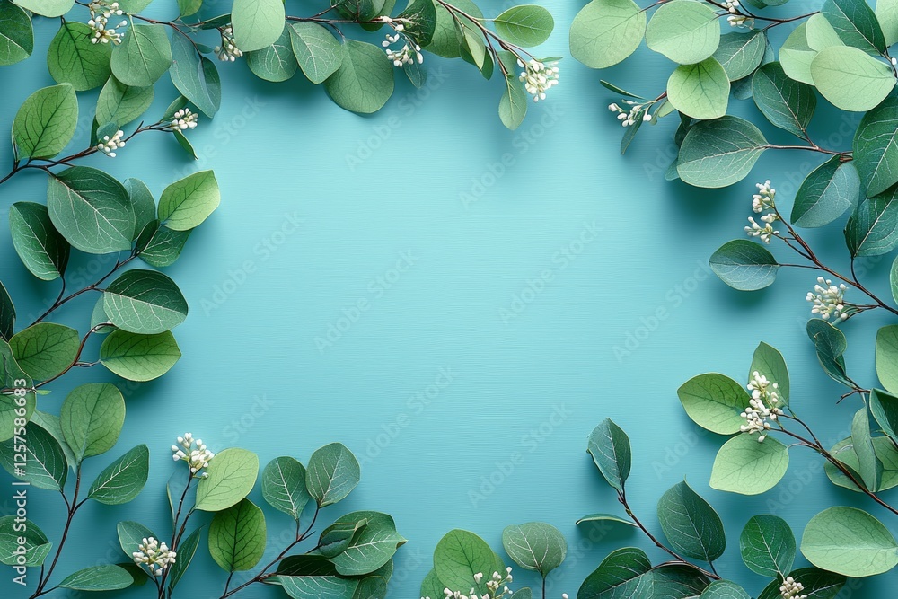 Poster spring flower arrangement on a blue backdrop with extra space in a flat lay mock-up