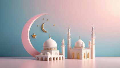 A serene 3D-rendered Islamic scene with a pastel pink and blue gradient background. A minimalist golden crescent moon and star sit atop a smooth, modern white mosque silhouette. 