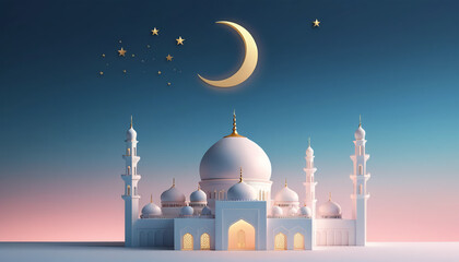 A serene 3D-rendered Islamic scene with a pastel pink and blue gradient background. A minimalist golden crescent moon and star sit atop a smooth, modern white mosque silhouette. 