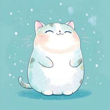 Happy Kitty: A chubby and contented cat basks in a delightful flurry of white dots, radiating pure joy and fluffy charm.