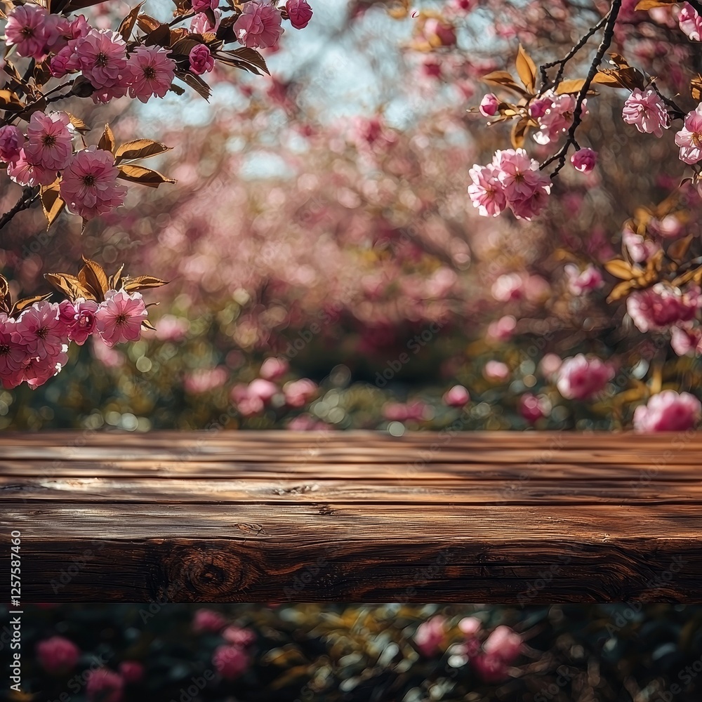 Aufkleber spring setting featuring an empty wooden table, perfect for product display, enhanced with a bokeh e