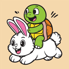 Cheerful Turtle Riding a Happy Rabbit vector