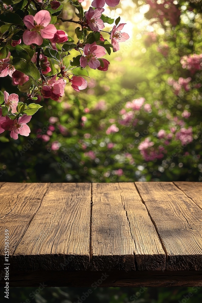 Poster spring background featuring a wooden table. perfect natural template for product display with cherry