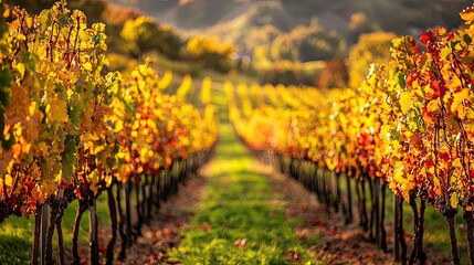 Vineyard with rows of grapevines in autumn colors, featuring vibrant yellow, orange, red leaves. Hills in the background under partly cloudy sky. Autumn harvest wine production theme. Generative AI