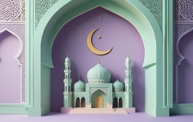 A minimalist 3D-rendered Islamic setting with a pastel lavender and mint green background. A simple, geometric mosque archway with intricate yet subtle carvings stands in the center