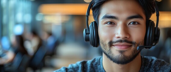 The upbeat customer service agent engages with clients, highlighting professionalism within a call center