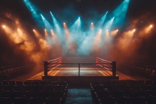 Boxing ring illuminated by colorful lights in a smoky arena during a live event