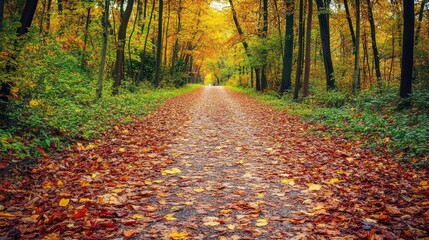Obraz premium Path through a forest covered with orange and yellow leaves during autumn. Tall trees with vibrant foliage line the way under soft natural light, creating a peaceful atmosphere. Generative AI
