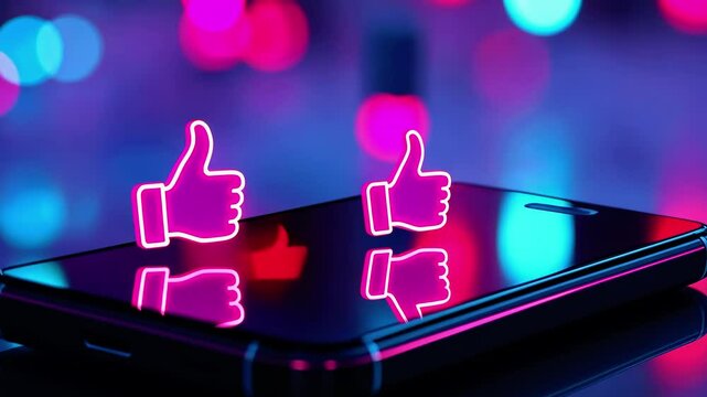 Vibrant smartphone screen displaying glowing thumbs-up icons against a colorful bokeh background