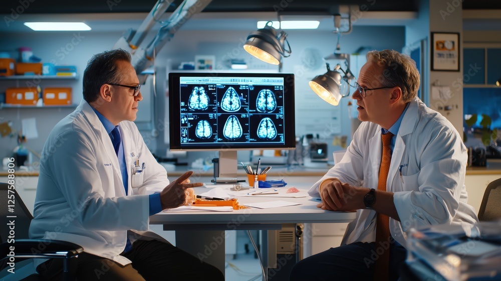 Aufkleber two medical professionals conversing over brain scan images in a modern laboratory setting with high