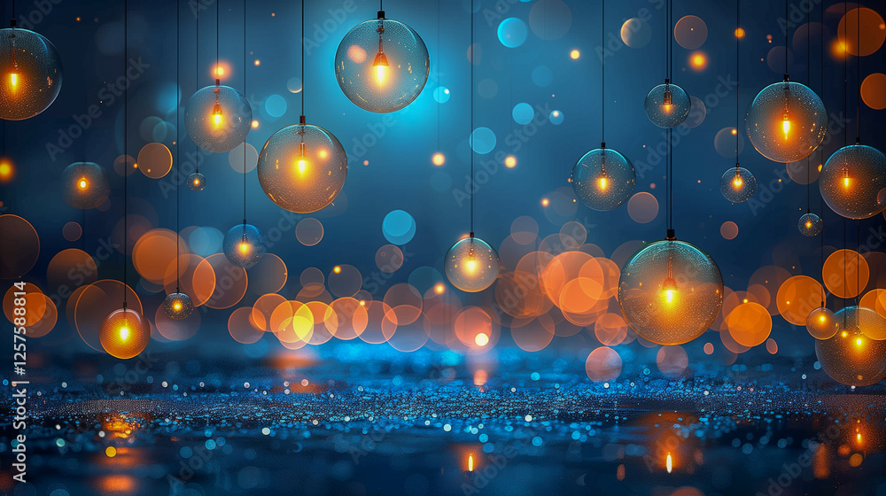 Aufkleber hanging glass lanterns with glowing lights and bokeh effect..