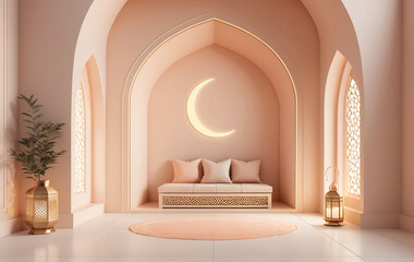 A clean and modern 3D-rendered composition of an Islamic prayer area. The background is a soft pastel peach fading into light cream. A sleek, minimalist mihrab (prayer niche) with a floating golden 